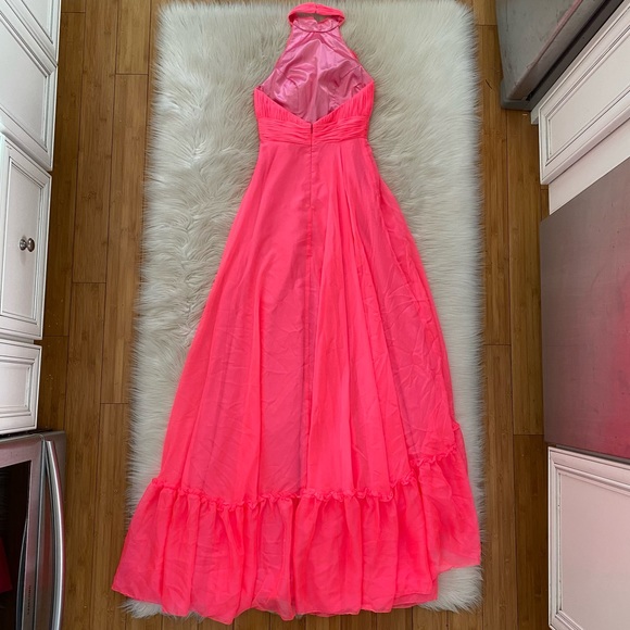 Mac Duggal Neon Hot Pink High Neck Sleeveless Tiered Chiffon Halter Gown 67816 - Picture 7 of 12